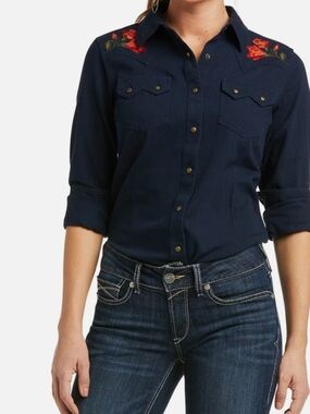 Ariat Navy Button-Down Shirt with Red Floral Embroidery